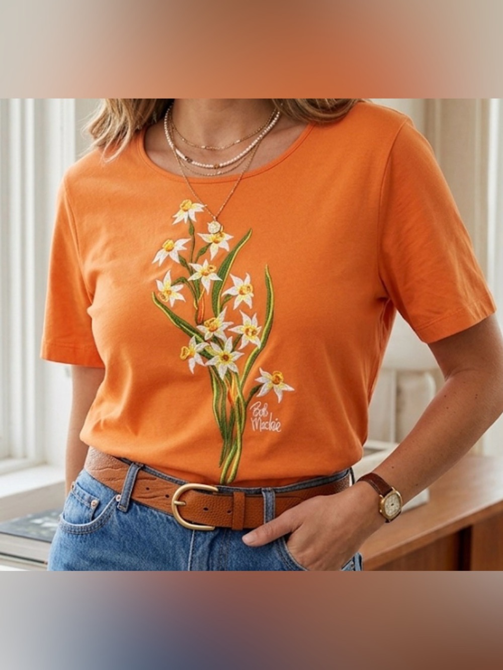 NWT Bob Mackie Orange Embroidered Floral Top XL 100% Cotton Cottagecore Tee